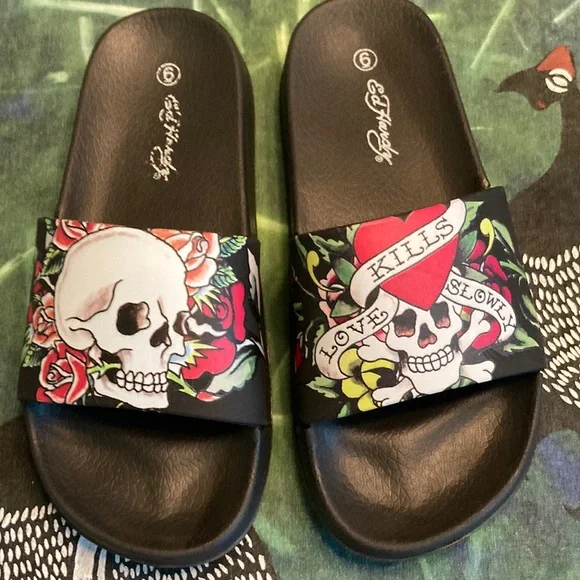 Ed Hardy | Shoes | Ed Hardy Brand Size 6 Slides With Skulls